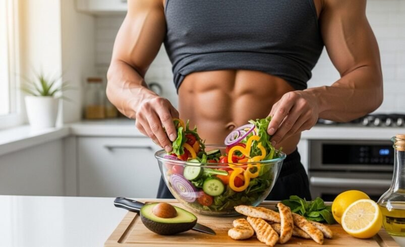 Pessoa fit preparando salada colorida com vegetais e frango grelhado.