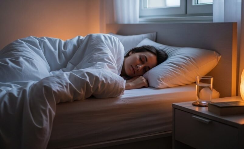 Quarto iluminado com luz suave, cama arrumada e abajur aceso.