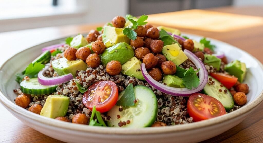 Prato de salada com quinoa, grão-de-bico, avocado, tomate, pepino e cebola roxa em uma tigela.