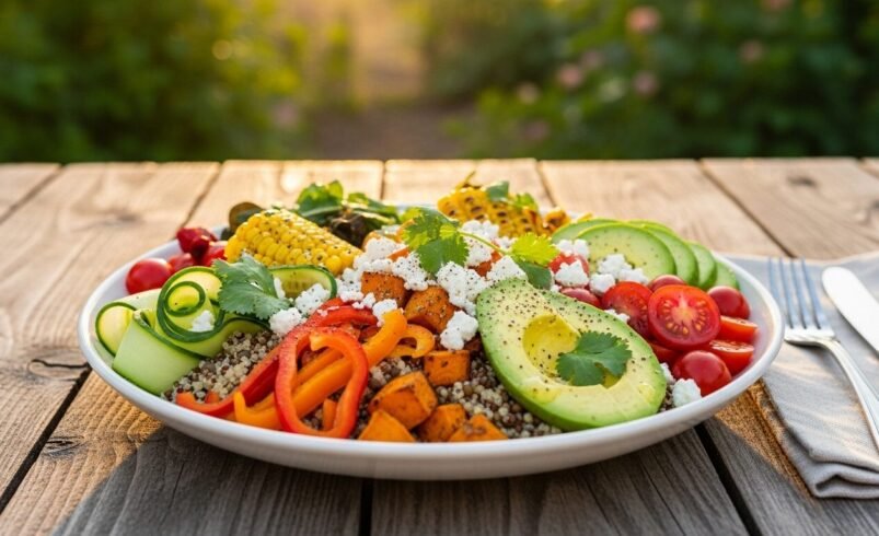 Prato de salada com avocado, milho, pimentões, abóbora e quinoa sobre mesa de madeira.