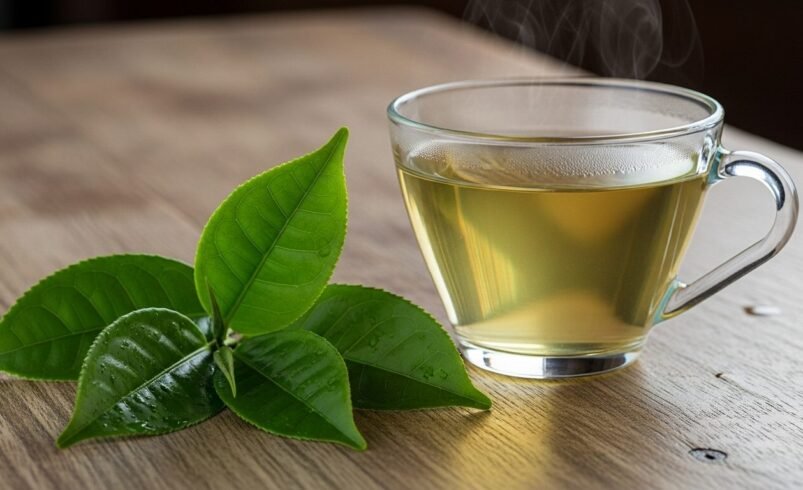 Xícara de vidro com chá verde ao lado de folhas frescas sobre mesa de madeira.
