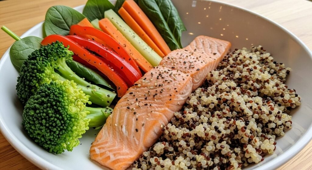 Prato com salmão, quinoa, brócolis, espinafre e legumes coloridos.