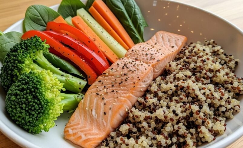 Prato com salmão, quinoa, brócolis, espinafre e legumes coloridos.