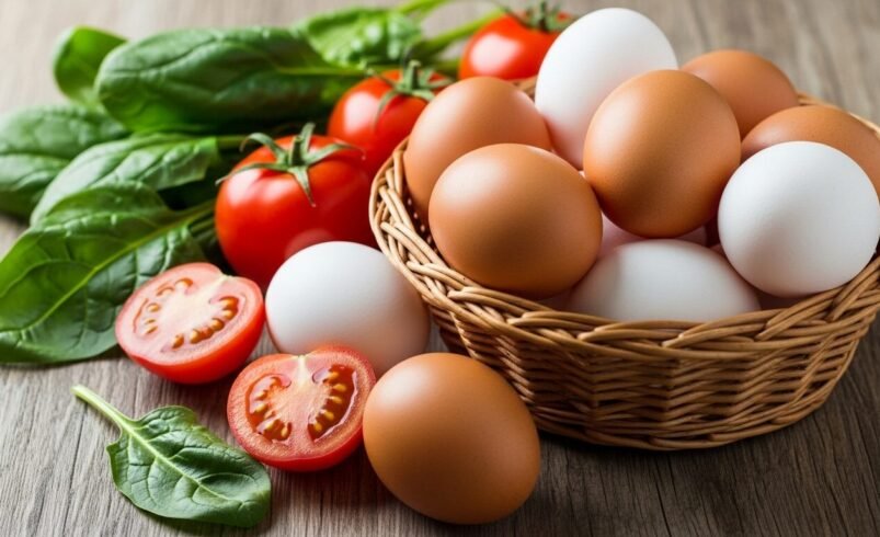 Cesta com ovos marrons e brancos cercada por tomates e folhas verdes.