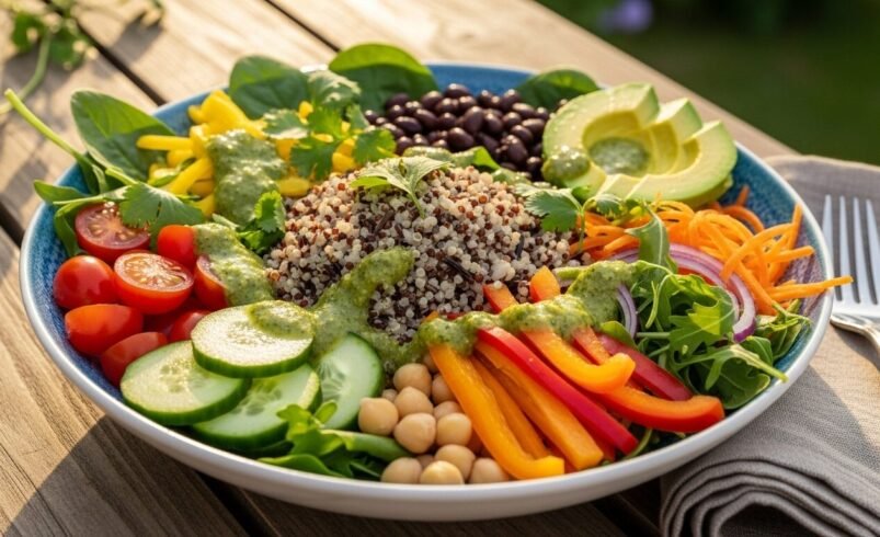 Tigela com quinoa, legumes coloridos, abacate, grão-de-bico e molho verde.