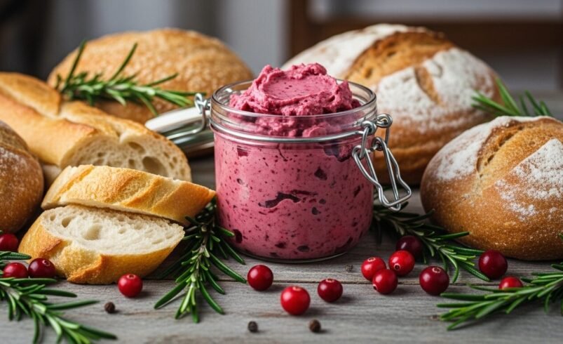 Patê rosa em pote de vidro, cercado por pães artesanais e ramos de alecrim.