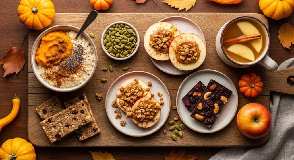 Mesa com pratos de café da manhã saudável, incluindo frutas, abóbora e snacks.