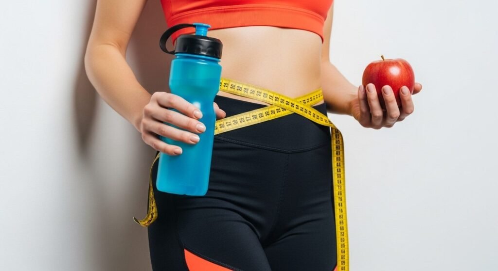 Mulher com roupa de academia segurando garrafa e maçã com fita métrica ao redor da cintura.
