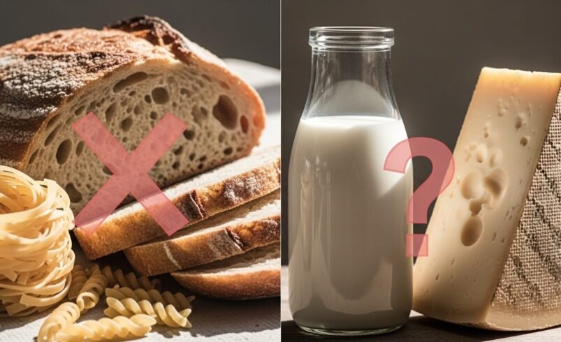 Pão, massa e leite com queijo ilustrados, destacando dúvida com símbolos.