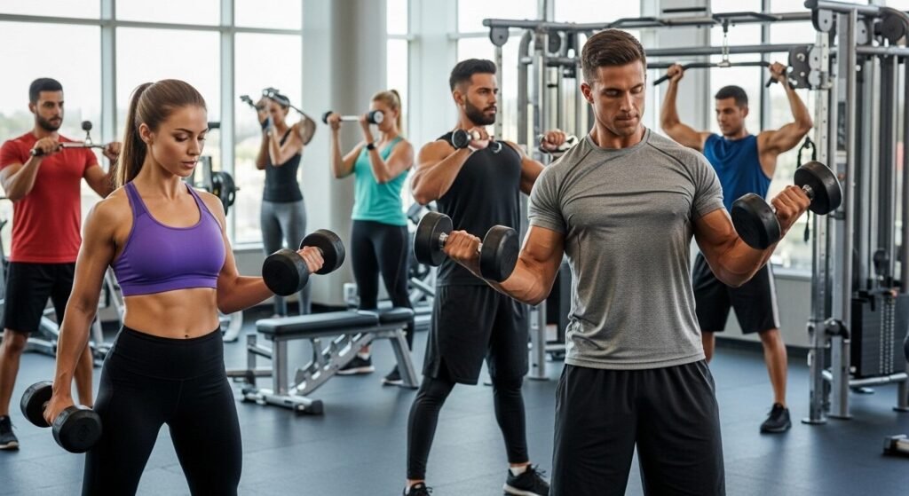 Grupo de pessoas levantando pesos em uma academia com equipamentos modernos.