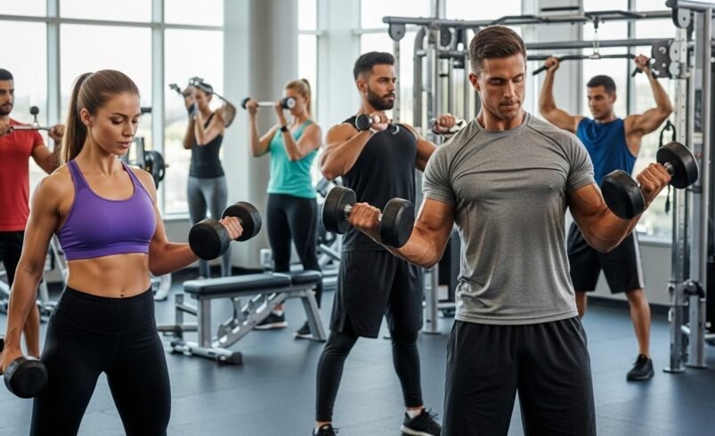Grupo de pessoas levantando pesos em uma academia com equipamentos modernos.