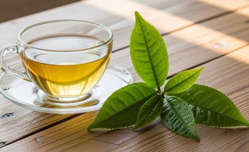 Xícara de vidro com chá verde ao lado de folhas frescas sobre mesa de madeira.