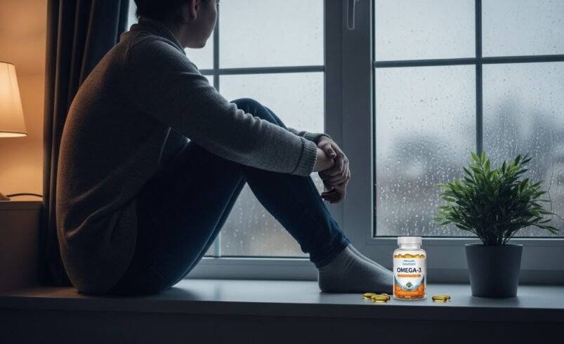 Frasco de Ômega-3 ao lado de cápsulas, próximo a uma janela com chuva.