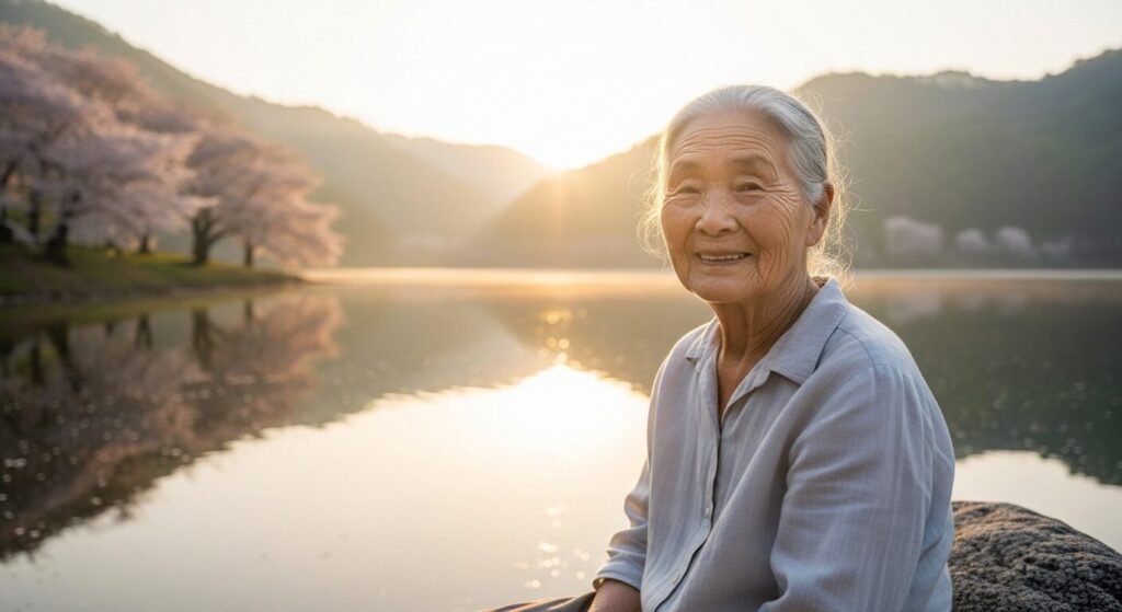 Vista de um lago refletindo o pôr do sol, com árvores de cerejeira floridas ao fundo.