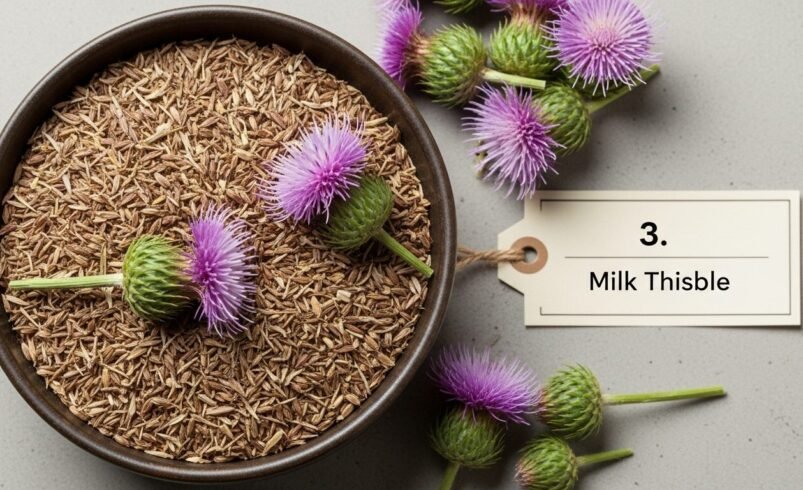 Prato com sementes de cardo-mariano e flores roxas com rótulo informativo.