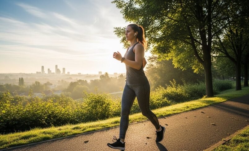 Mulher praticando corrida em um parque arborizado ao amanhecer, com cidade ao fundo.