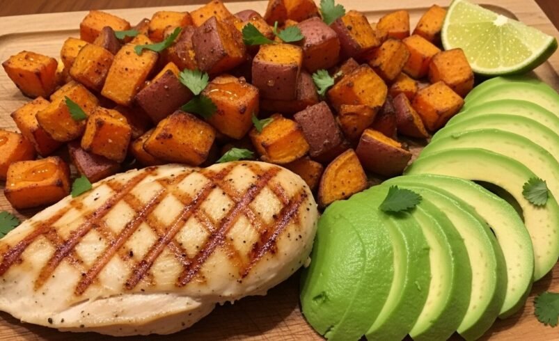 Prato com frango grelhado, batata-doce assada, abacate e limão.