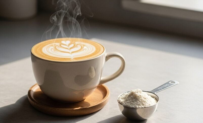 Xícara de café com latte art ao lado de uma colher medidora com creme em pó.