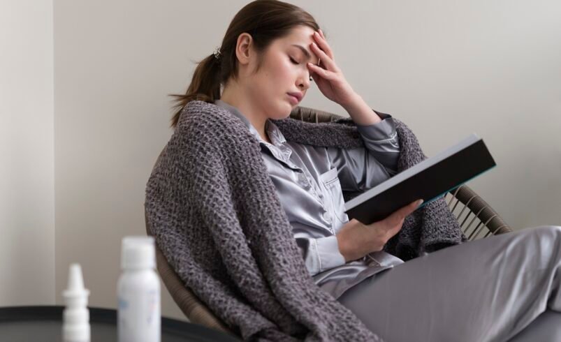 Mulher com manta cinza lendo em cadeira, ao lado de medicamentos.