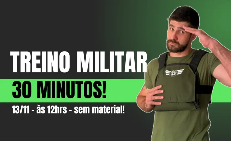 Homem vestindo colete em fundo verde com texto sobre treino militar.