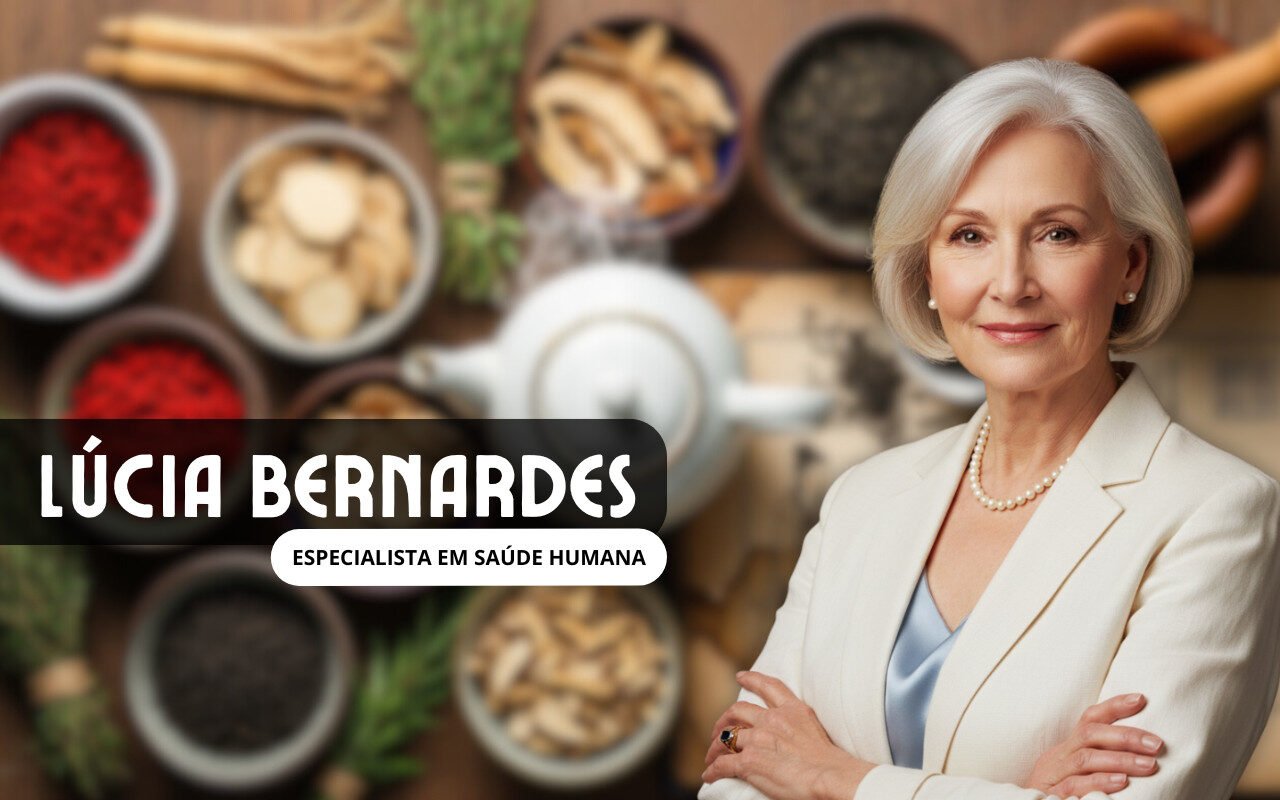 Mulher em destaque com fundo de ervas, especiarias e chá.