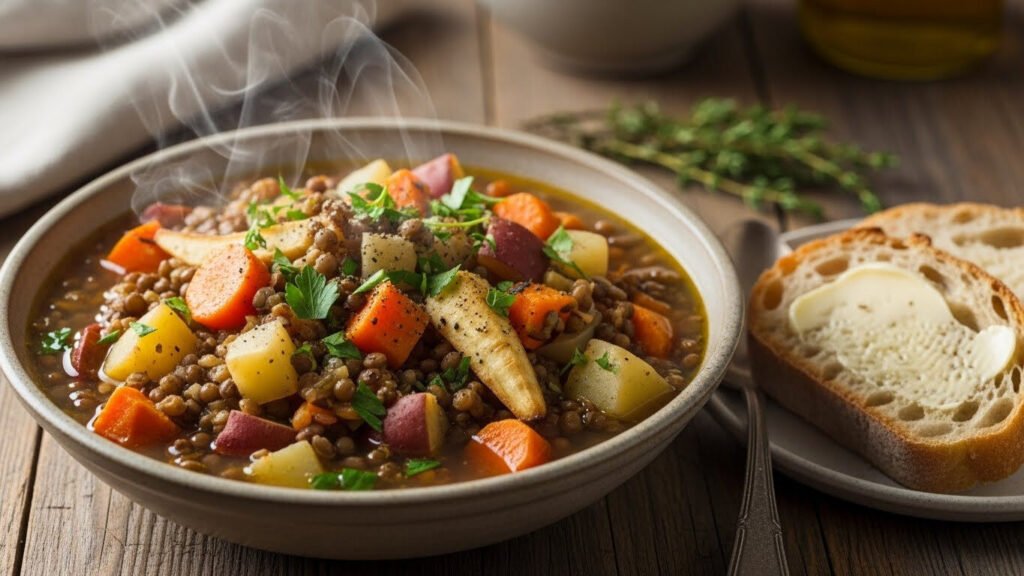 Sopa de Guioza em prato fundo decorado com folhas de coentro