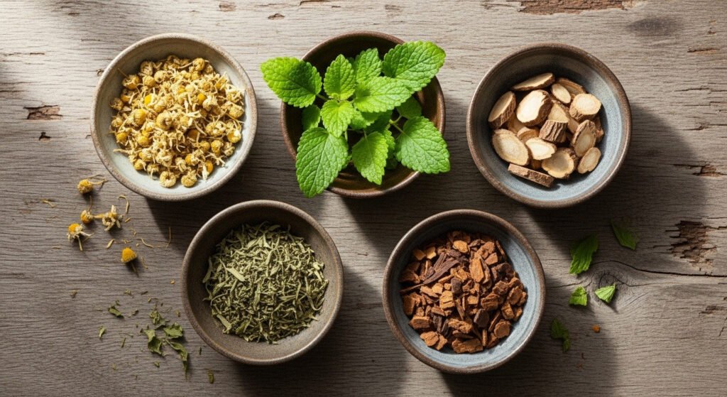 5 chás para dormir: camomila, valeriana, erva-cidreira, passiflora e mulungu.