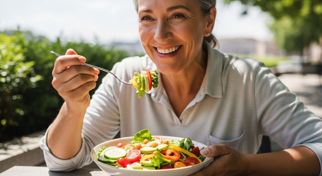 Pessoa saudável destacando os benefícios da comida de verdade.