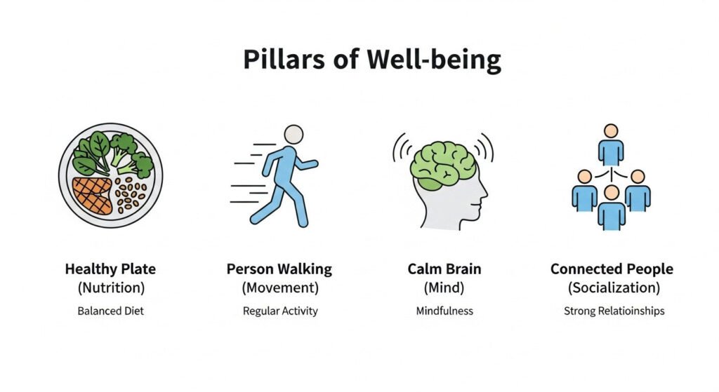 Infográfico com os pilares da longevidade: nutrição, exercício, socialização.