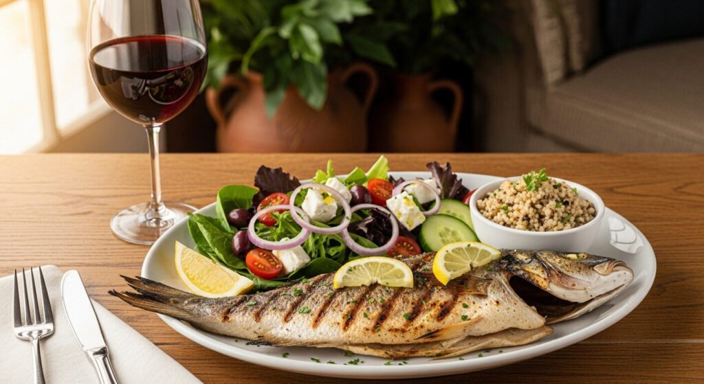 Prato saudável com vegetais e grãos, ideal para longevidade.