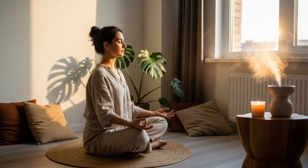 Prática de yoga e mindfulness para bem-estar mental.