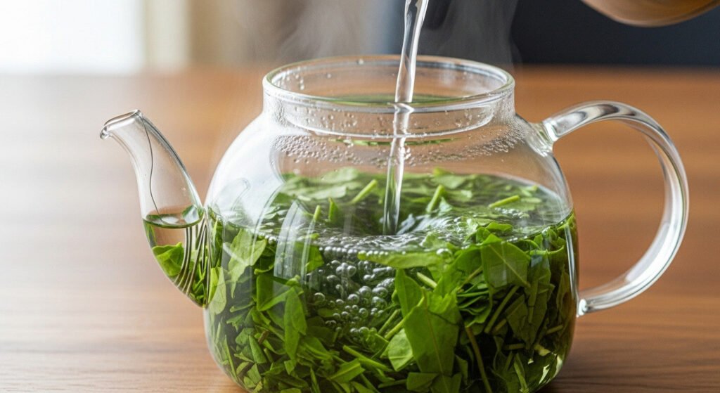 Imagem demonstrando o preparo correto do chá de guaco usando folhas frescas.