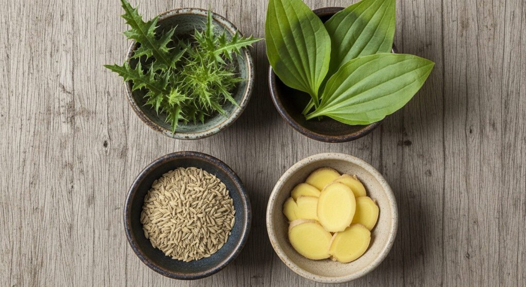 Mix ilustrativo de ervas: espinheira-santa, tanchagem, erva-doce e gengibre.