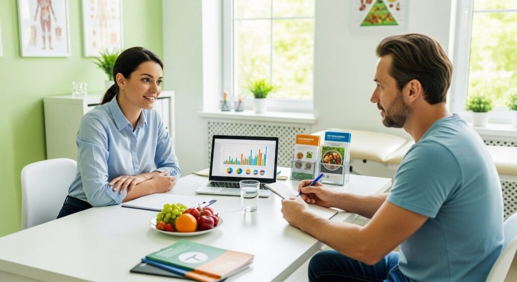Nutricionista analisando planos alimentares para criar uma dieta segura para secar gordura.