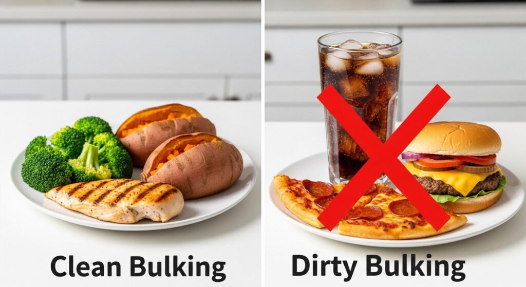 Comparação entre bulking sujo e limpo na dieta para ganho de massa muscular.