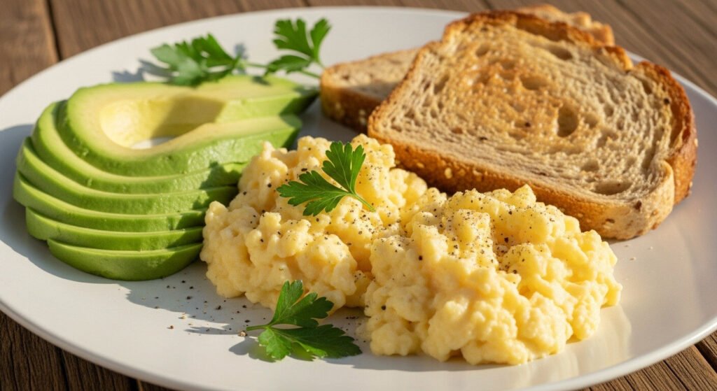 Café da manhã com ovos e abacate, ideal para aumentar a saciedade e controlar o peso.