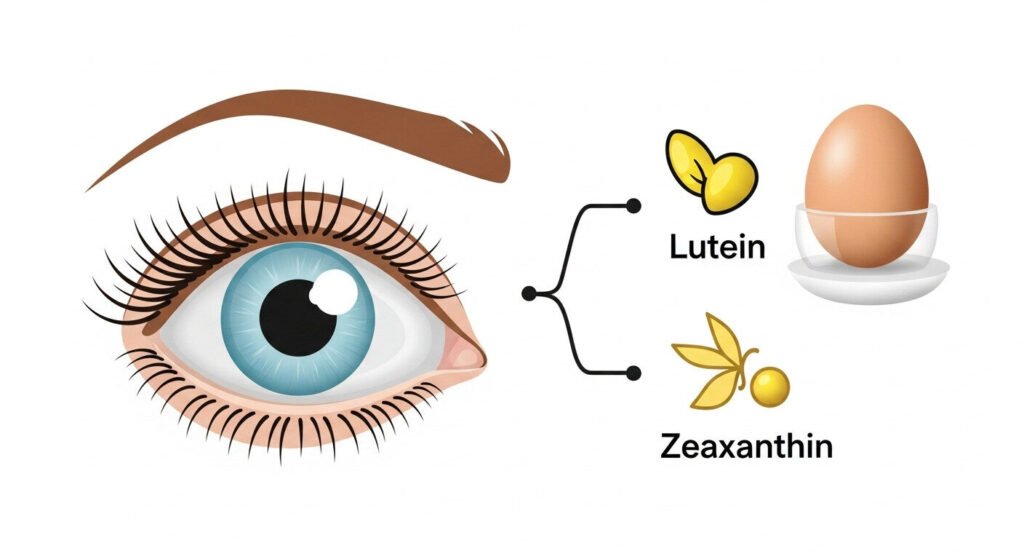 Infográfico mostrando como a luteína presente nos ovos protege a saúde dos olhos e previne a degeneração macular.