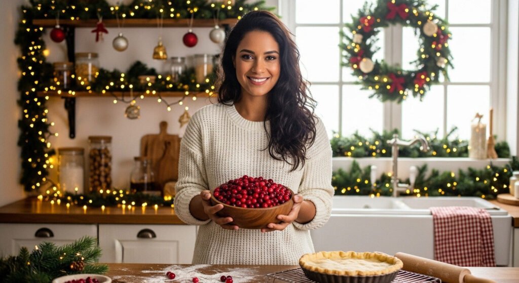 Lúcia Bernardes mostrando cranberries frescos, o ingrediente principal dessa receita saudável.