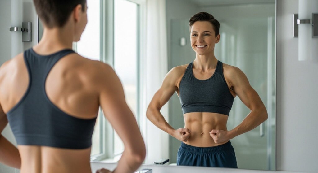 Indivíduo satisfeito após adotar uma dieta de hipertrofia eficaz e adaptada.