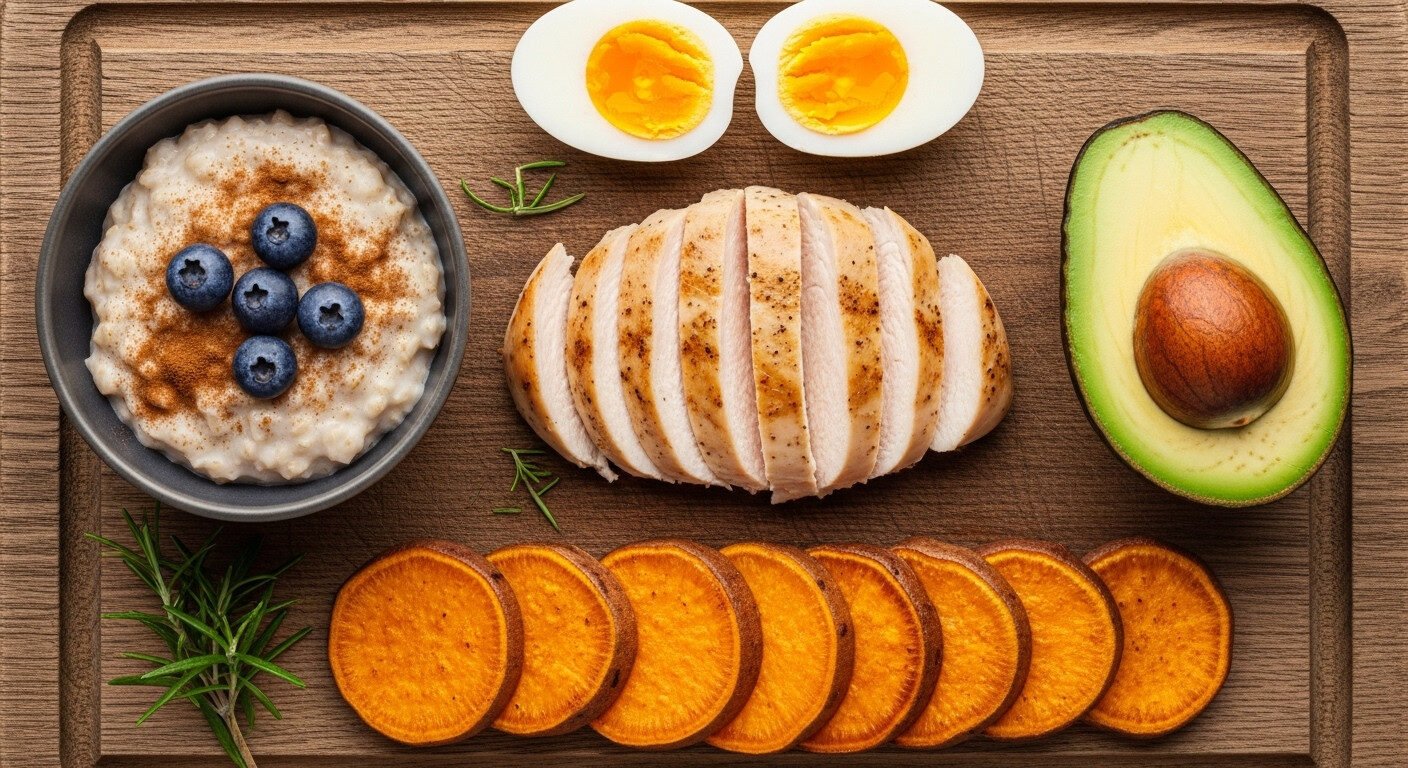 Tábua de madeira com frango fatiado, ovos, aveia, abacate e batata-doce.