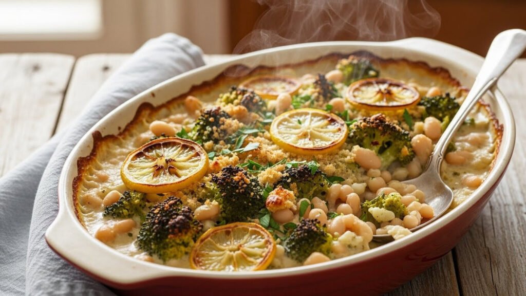 Travessa de grão-de-bico com espinafre e queijo feta, servida em um prato quente de cerâmica