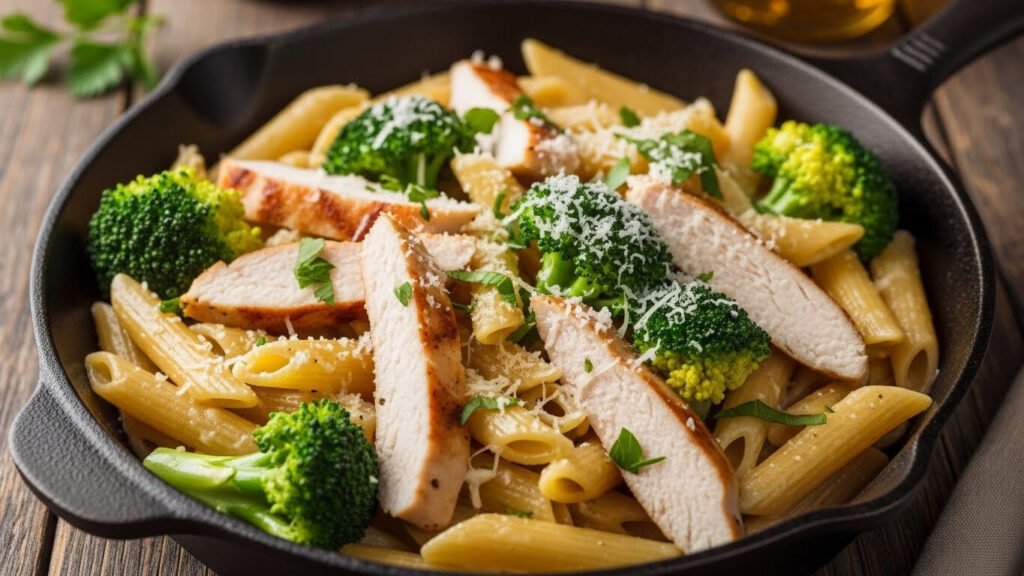 Um gratinado de brócolis com feijão branco servido em uma travessa de vidro