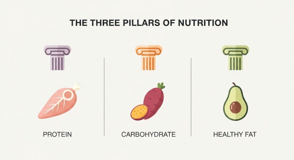 Os 3 pilares da dieta cutting: proteína alta, controle de carboidratos e ingestão de gorduras boas.