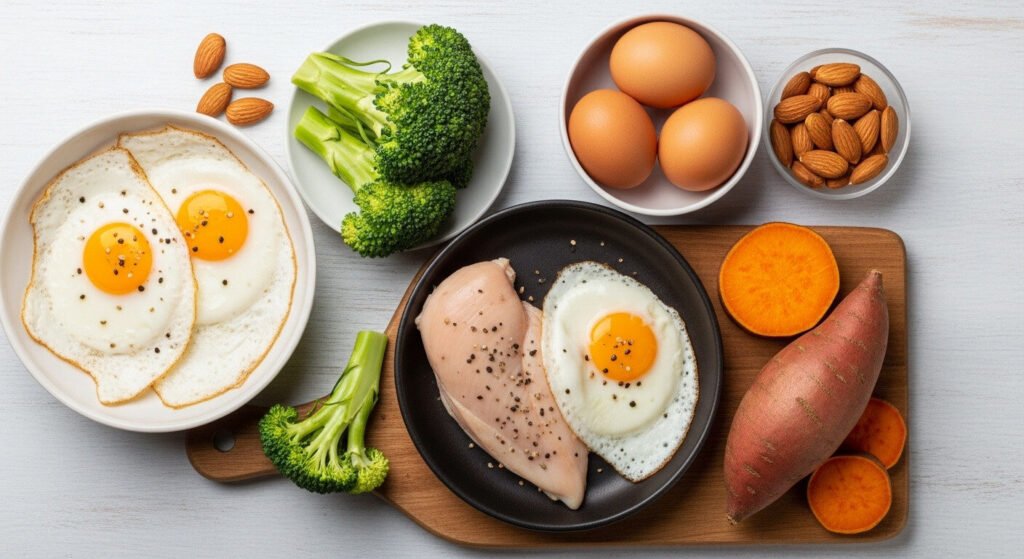 Alimentos como vegetais e proteínas ideais para um cardápio de dieta cutting.