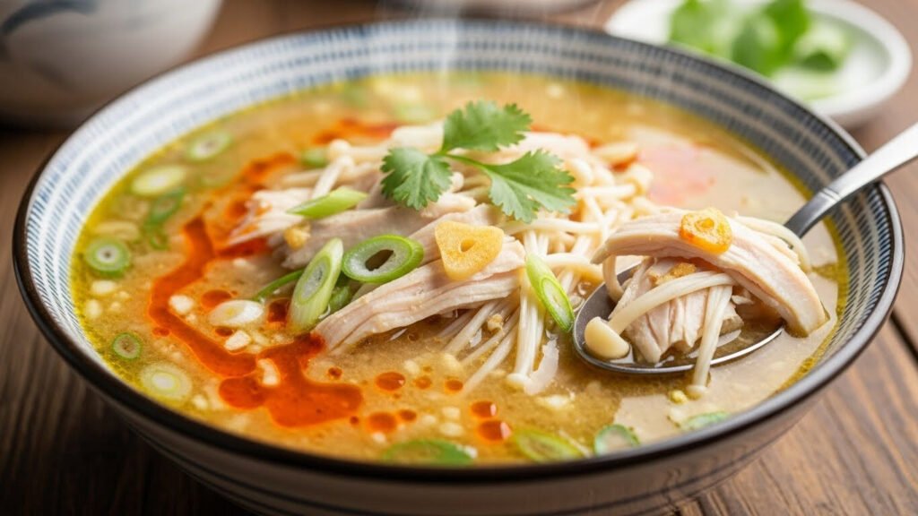 Canja de Frango com Alho e Misô com pedaços de cenoura e caldo cremoso