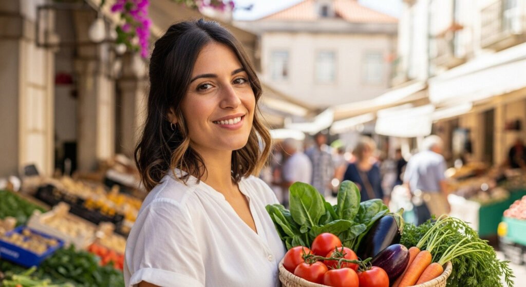 Especialista em nutrição abordando alimentos saudáveis em um supermercado
