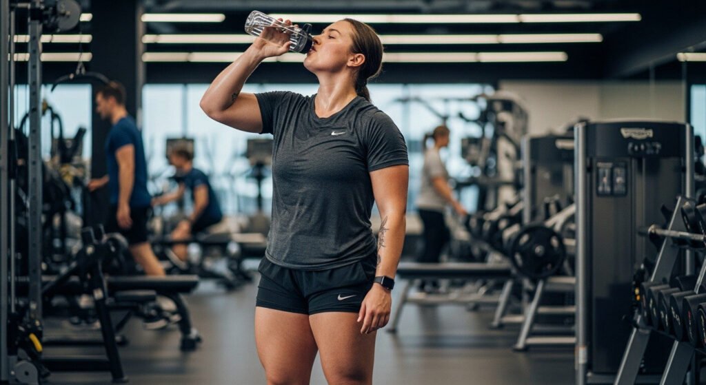 Mulher em treinamento com uma dieta adequada para endomorfos, saudável e musculosa.