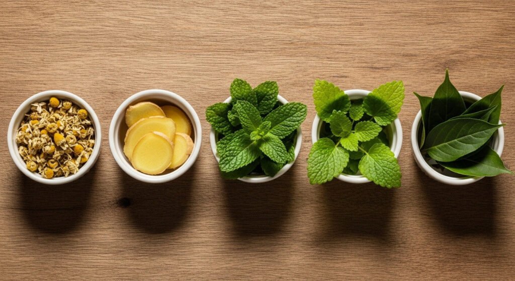 Variedade de chás benéficos para a saúde, incluindo camomila.