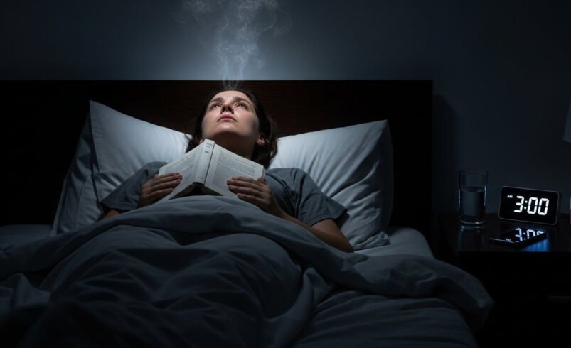 Pessoa deitada na cama lendo um livro com um copo d'água e despertador ao lado.