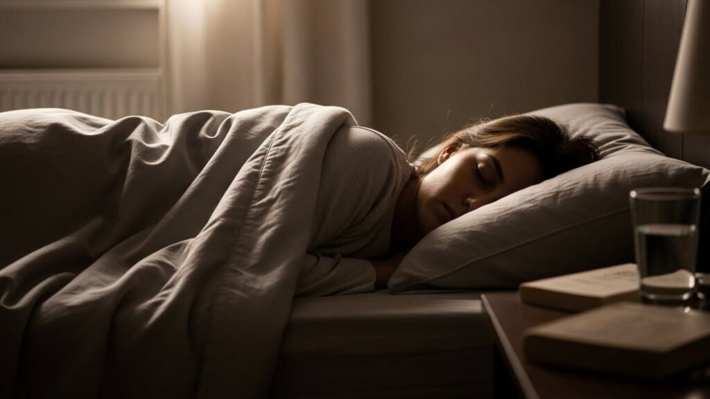 Mulher relaxando antes de dormir com um livro em suas mãos